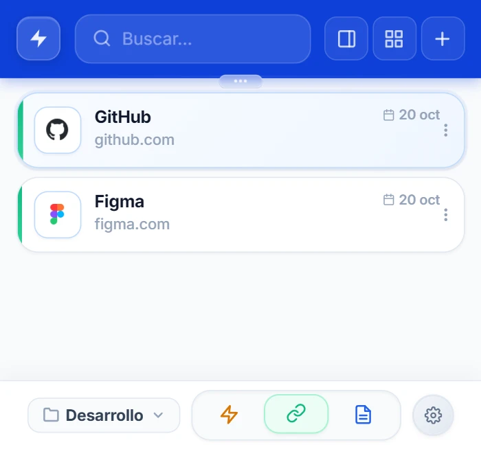 Popup de NexoPad con los enlaces filtrados por la carpeta Desarrollo: GitHub y Figma