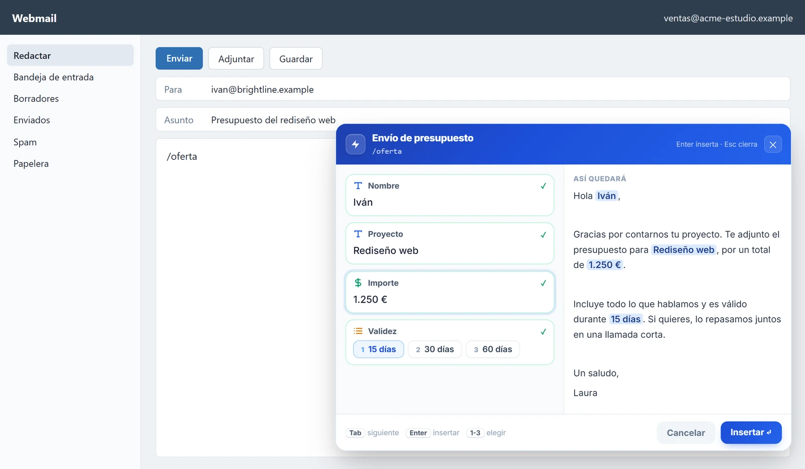 Formulario de NexoPad sobre la redacción de un webmail tras escribir /oferta, con los campos Nombre Iván, Proyecto Rediseño web, Importe 1.250 € y una lista de Validez
