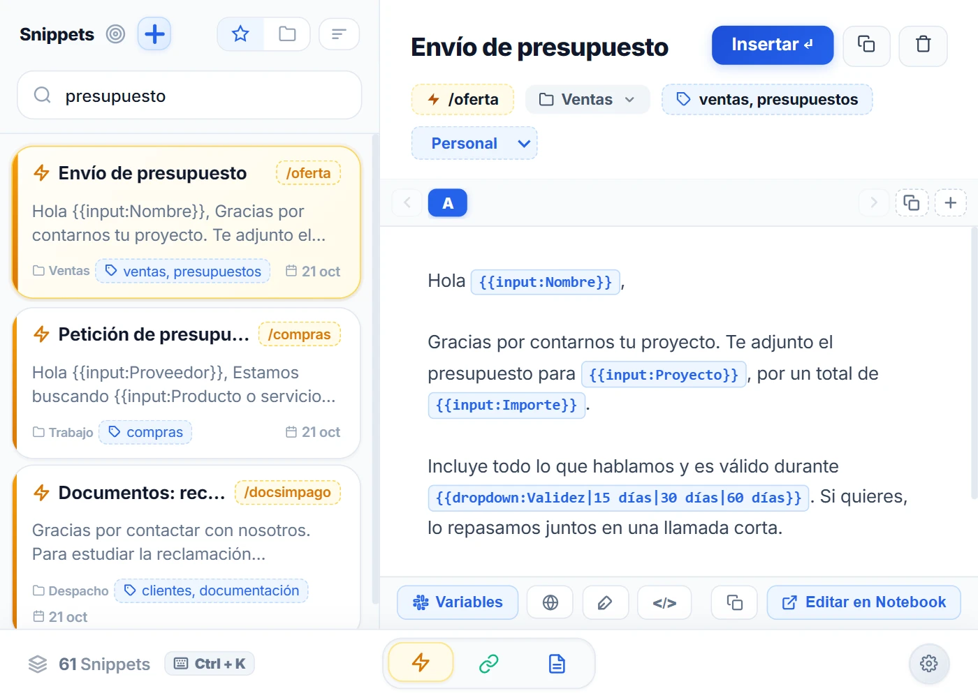 Vista Snippets del popup de NexoPad: la búsqueda «presupuesto» filtra la lista y el snippet «Envío de presupuesto» (/oferta), de la carpeta Ventas, está abierto con las variables Nombre, Proyecto e Importe y la lista Validez