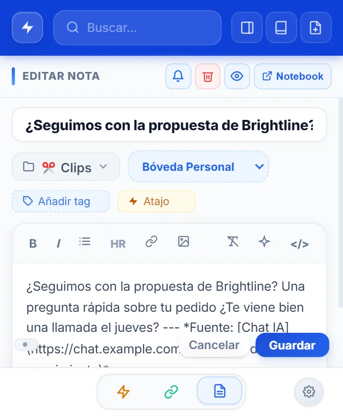 Notas de NexoPad con el recorte de la respuesta guardado y el enlace a la página de origen