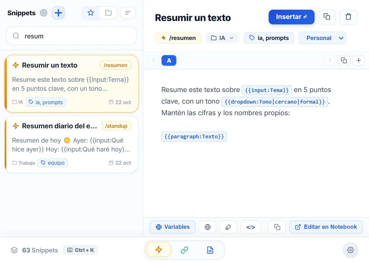 Popup de NexoPad con un prompt reutilizable guardado como atajo con variables