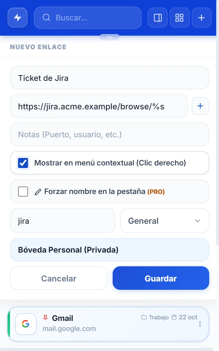 Formulario de enlace de NexoPad con una dirección de tickets que termina en %s