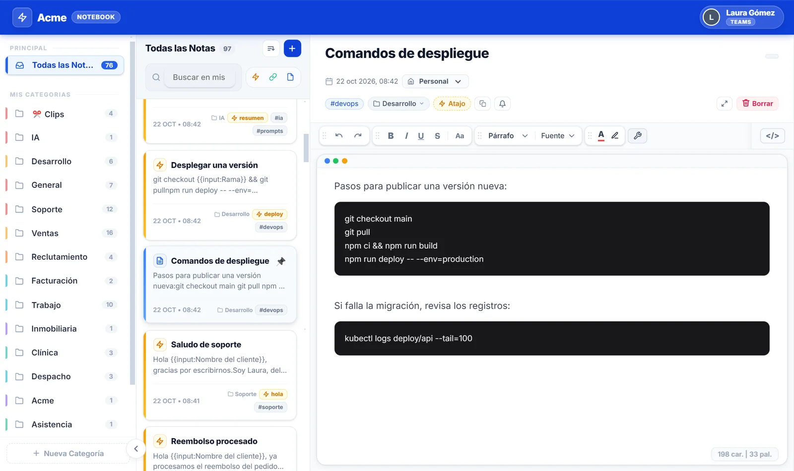 Notebook de NexoPad con una nota técnica que incluye un bloque de código con comandos