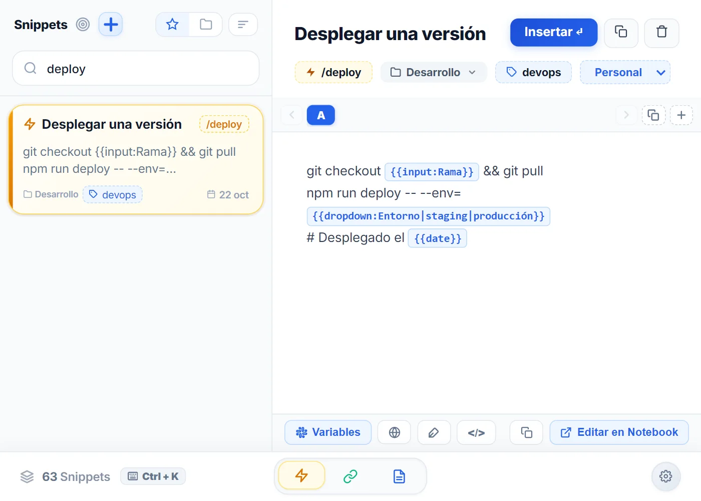 Popup de NexoPad con el snippet de comando /deploy abierto y sus variables