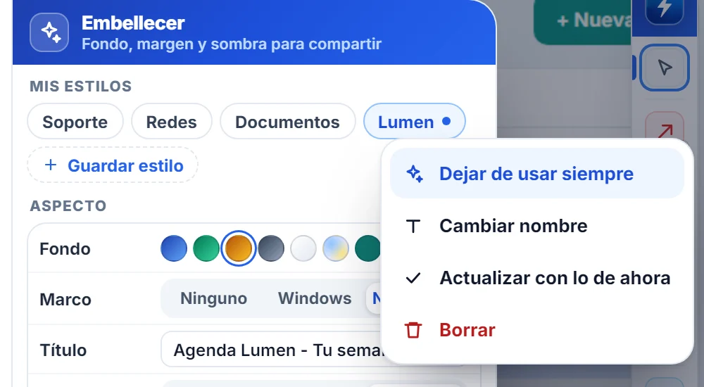 Menú de clic derecho de un estilo en Embellecer con las opciones Dejar de usar siempre, Cambiar nombre, Actualizar con lo de ahora y Borrar