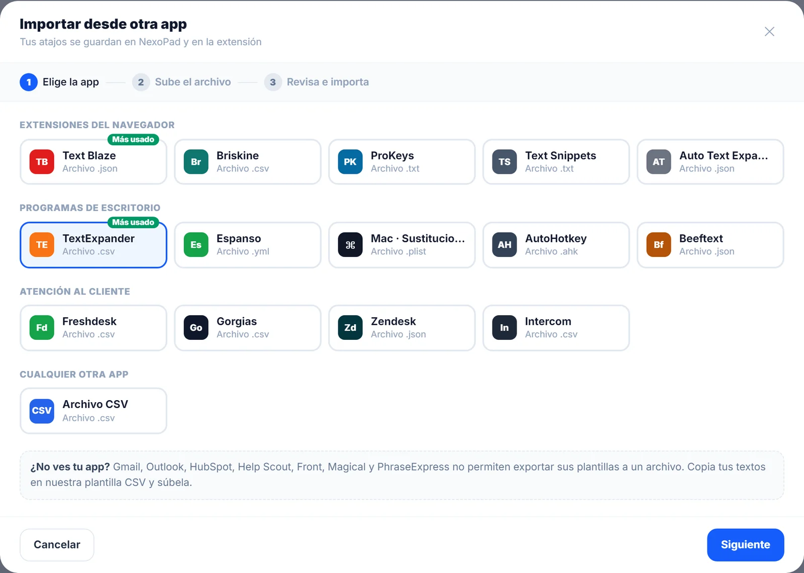 Lista de apps en el importador de NexoPad