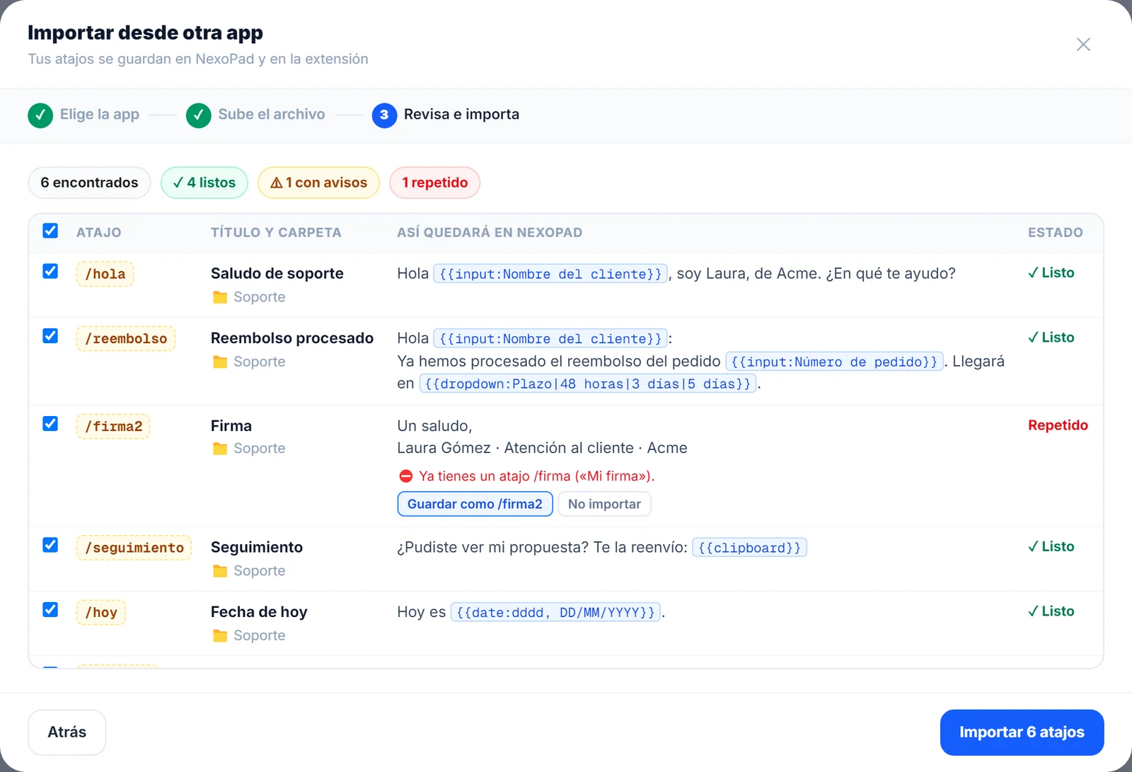 Vista previa del importador con las variables convertidas
