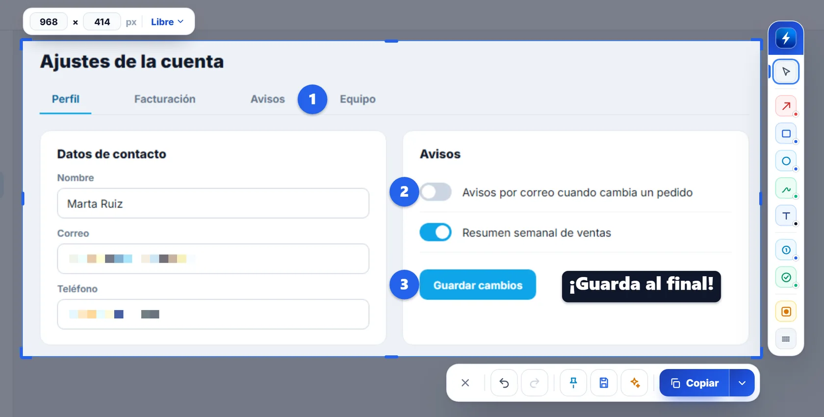 Editor de capturas de NexoPad con pasos numerados, un texto y el correo y el teléfono de una clienta pixelados
