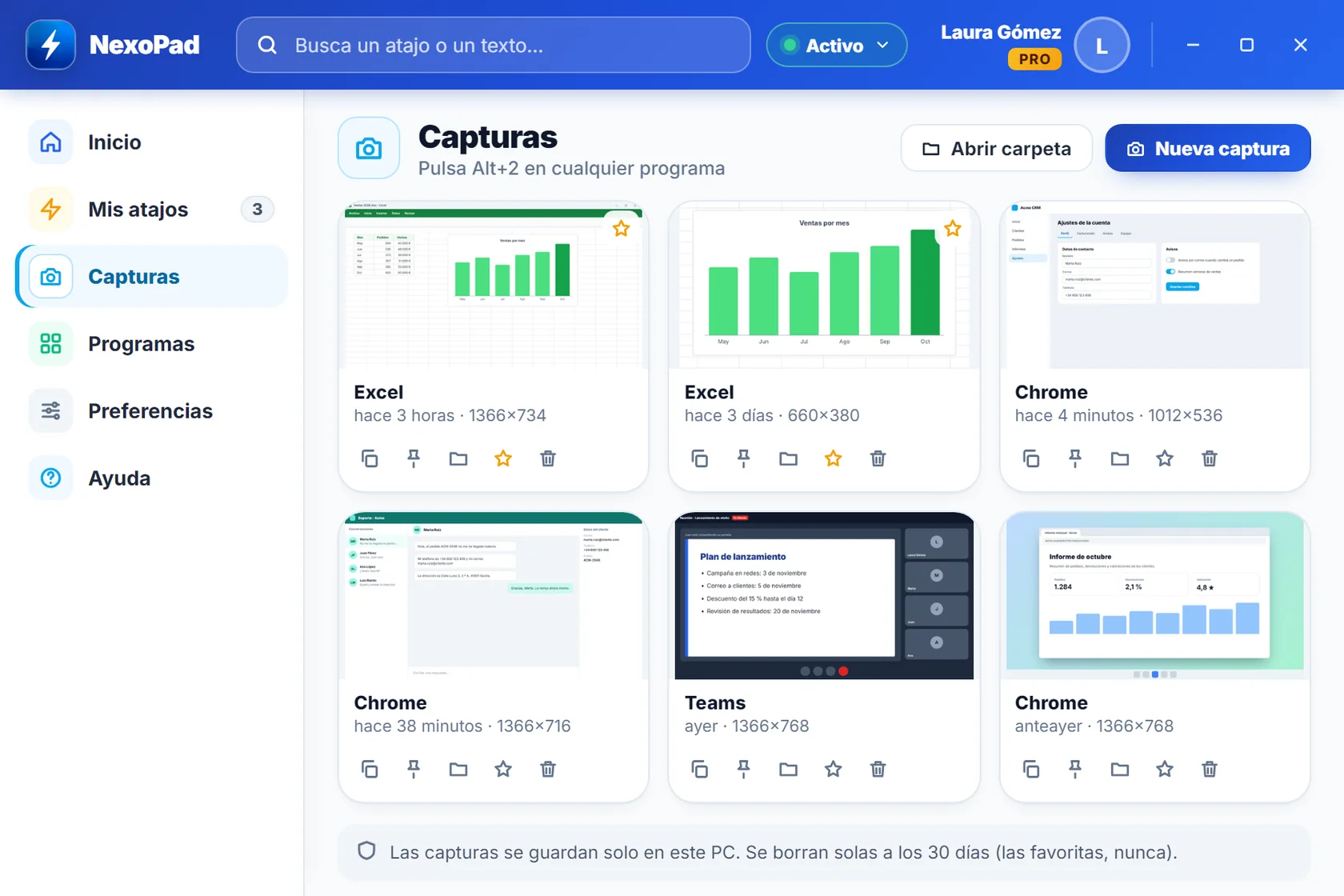 Página Capturas de NexoPad con seis capturas recientes, dos de ellas marcadas como favoritas