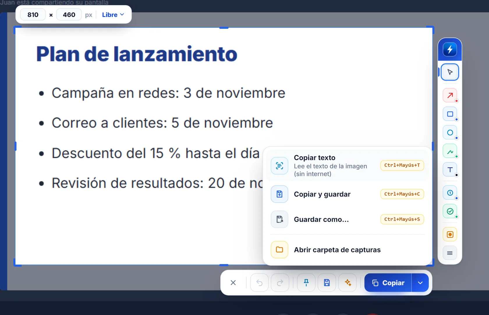Menú de NexoPad con la opción Copiar texto sobre una diapositiva capturada de una videollamada