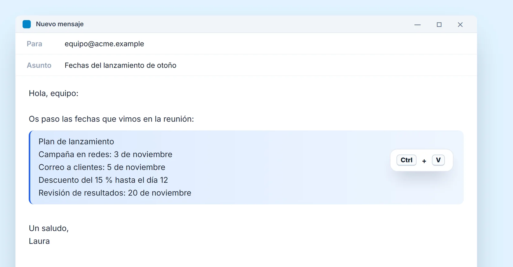 Correo con las fechas de la diapositiva pegadas como texto