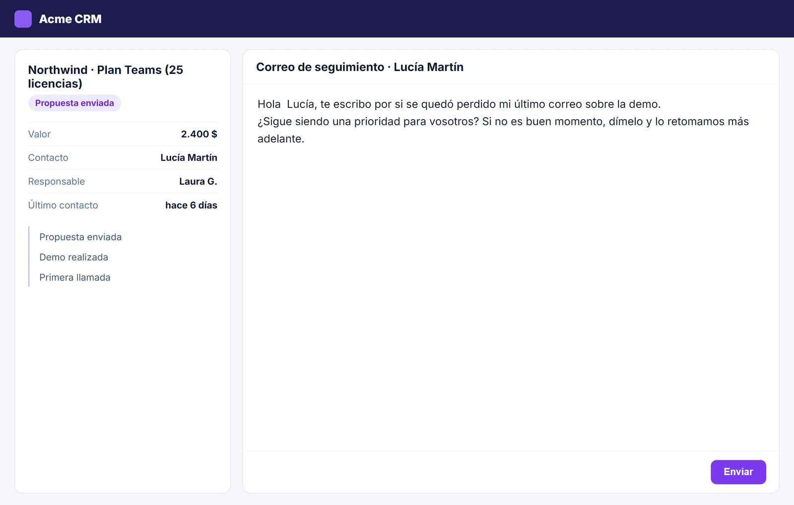 Correo de seguimiento insertado en el CRM