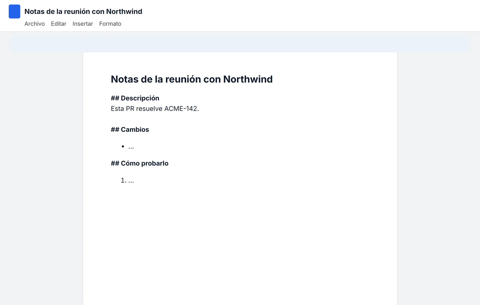 Plantilla completa insertada en un documento