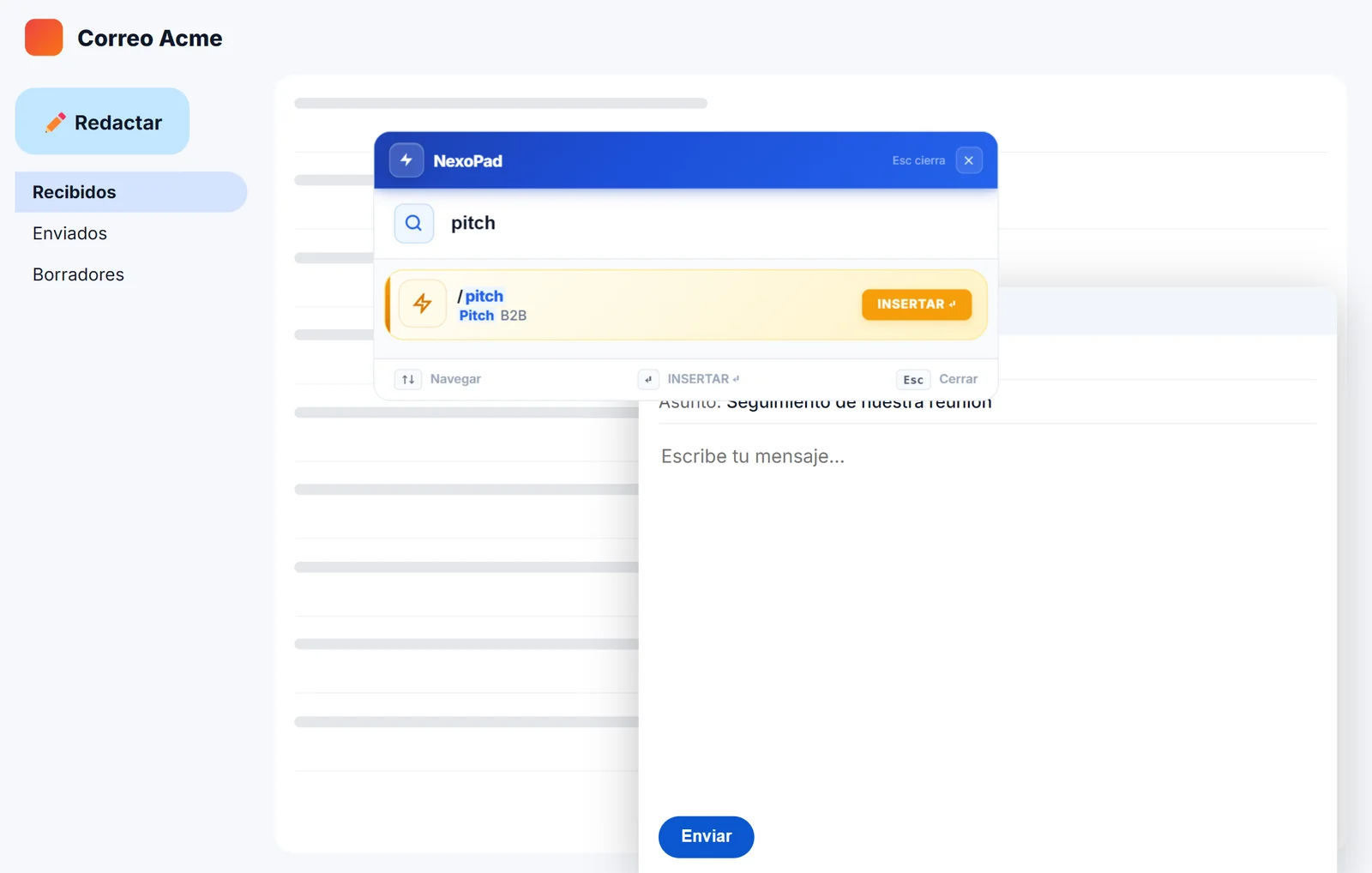 Buscador Ctrl+K de NexoPad dentro de un correo