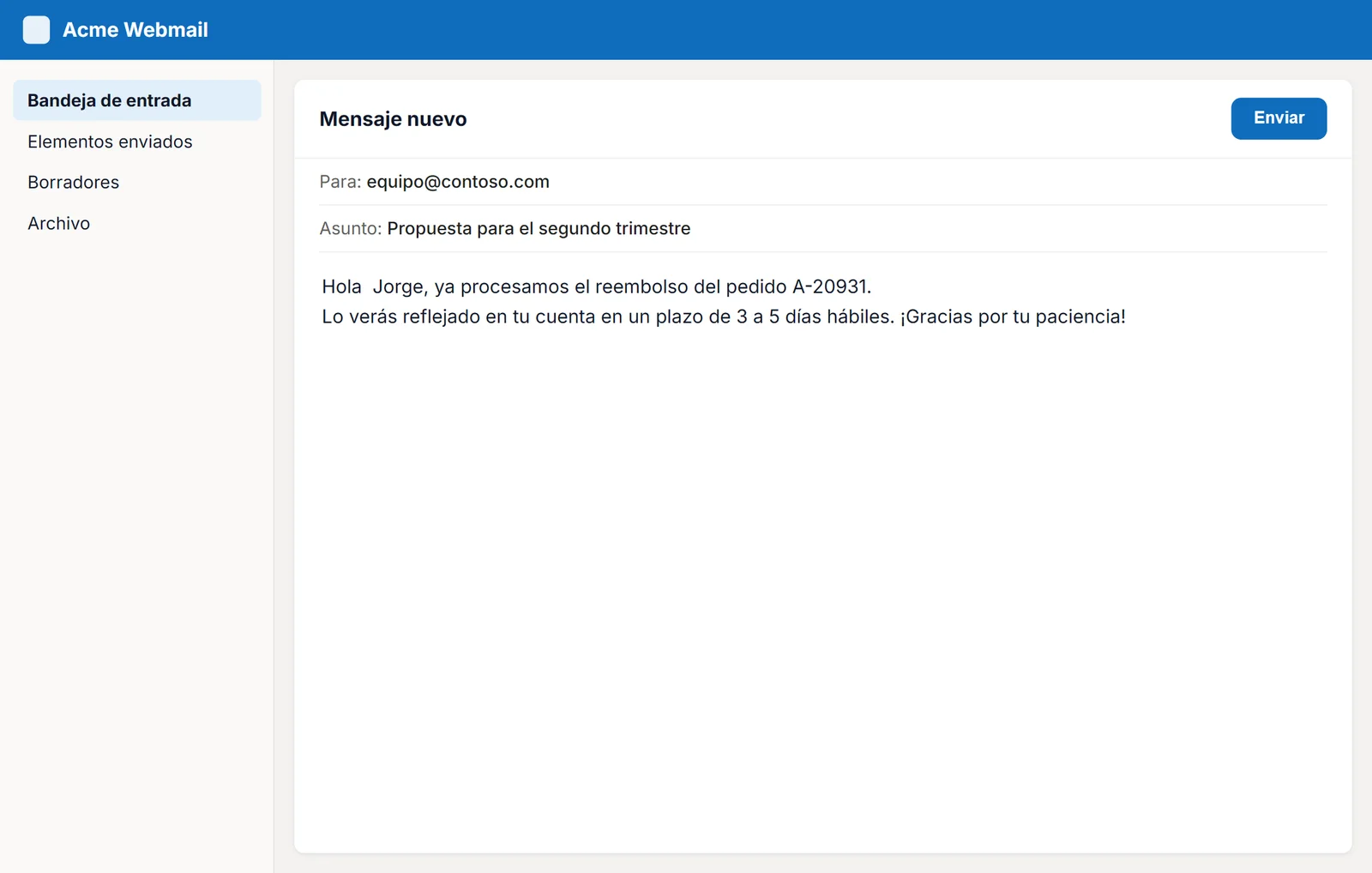 Respuesta de reembolso insertada en un correo