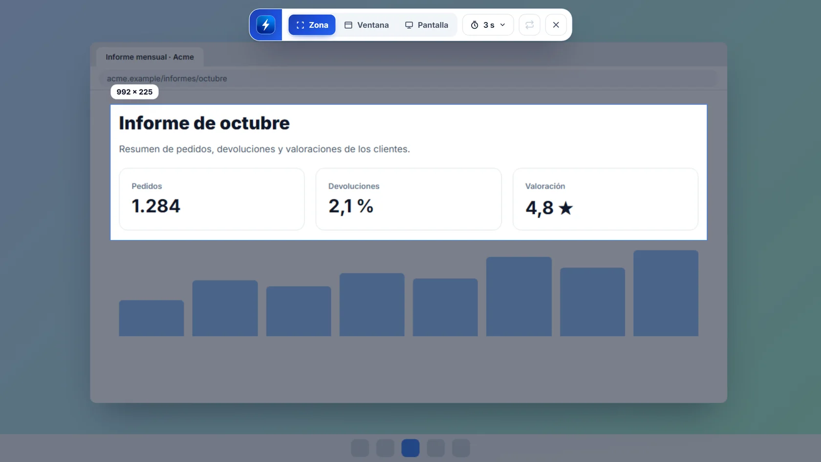 Barra de NexoPad con los modos Zona, Ventana y Pantalla mientras se elige una zona de un informe en el navegador