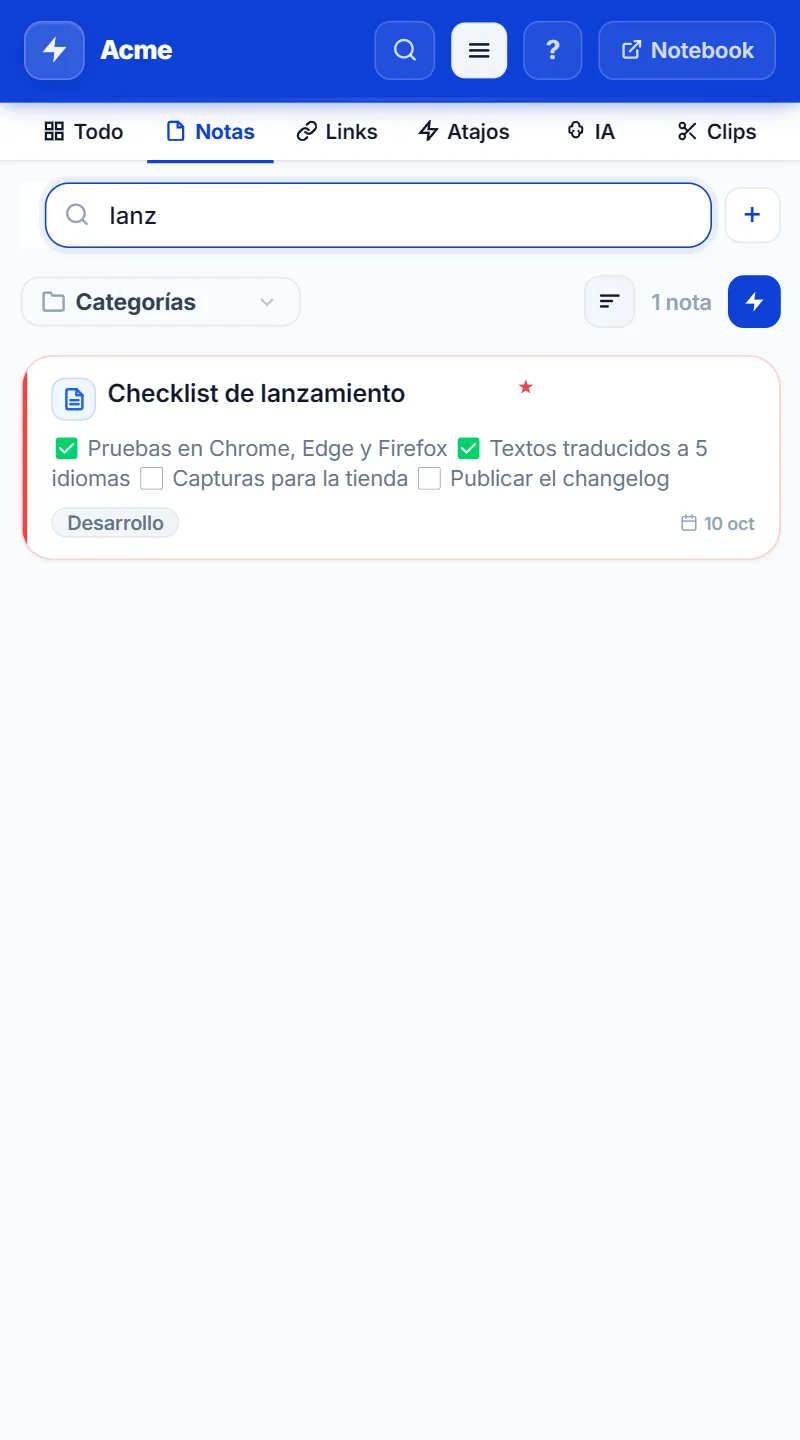 Panel lateral de NexoPad con notas