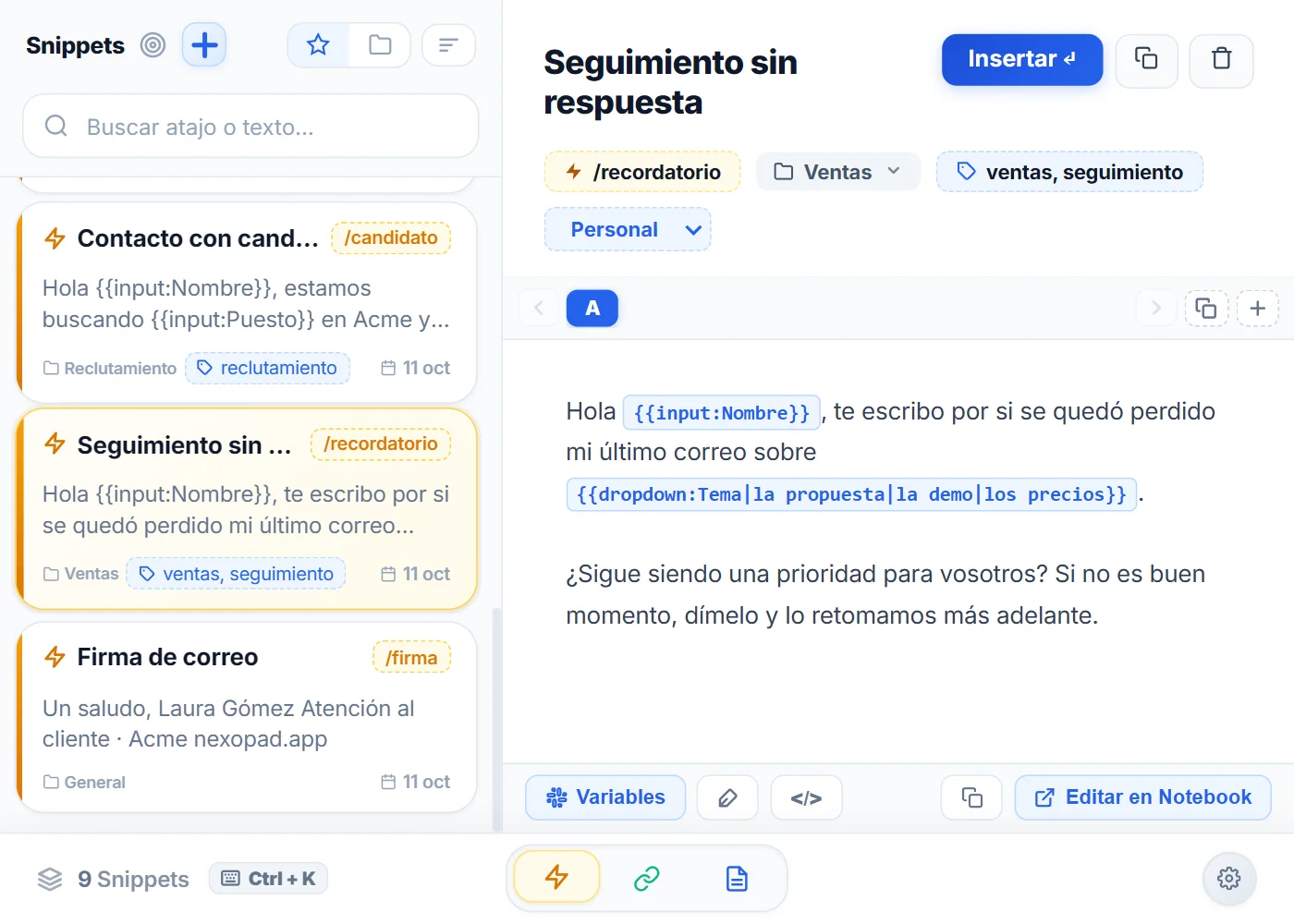 Vista Snippets de NexoPad