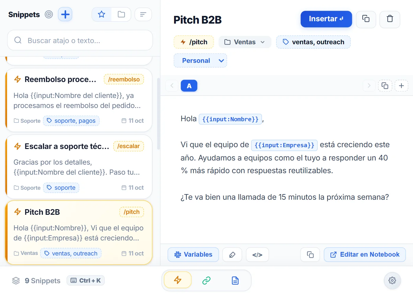 Vista Snippets de NexoPad