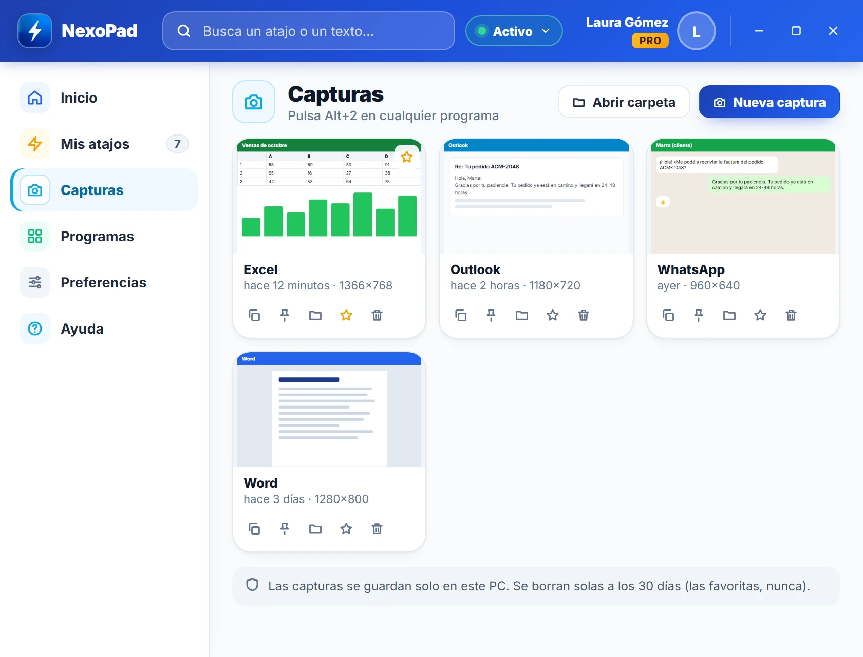 Página Capturas de NexoPad para Windows con cuatro capturas recientes de Excel, Outlook, WhatsApp y Word