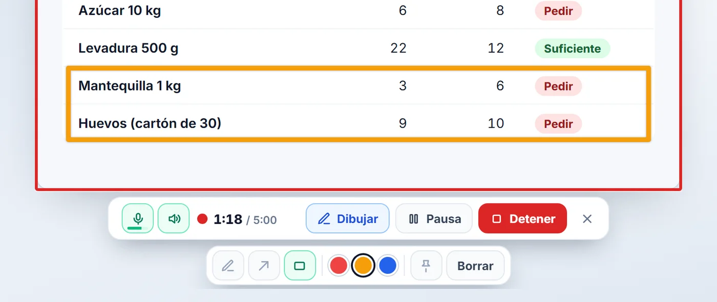 Barra de grabación de NexoPad sobre un inventario, con el micrófono y el sonido del PC encendidos y un recuadro ámbar dibujado encima