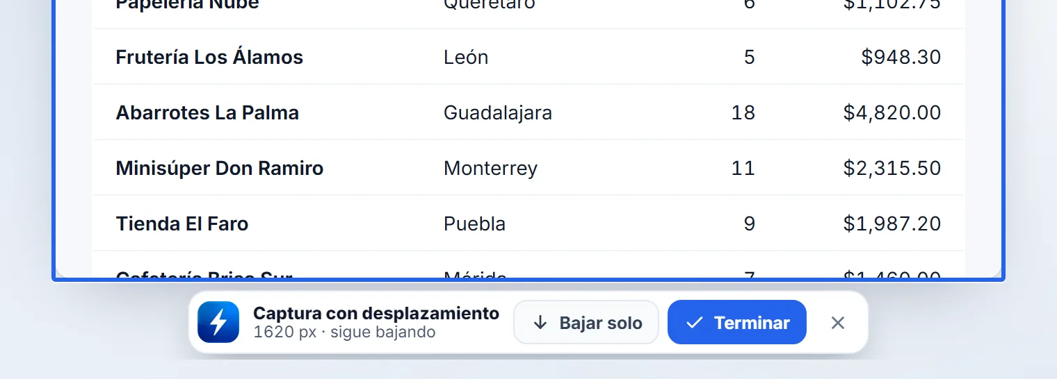 Captura con desplazamiento de NexoPad sobre un informe de ventas, con el marco azul y la barrita con Bajar solo y Terminar
