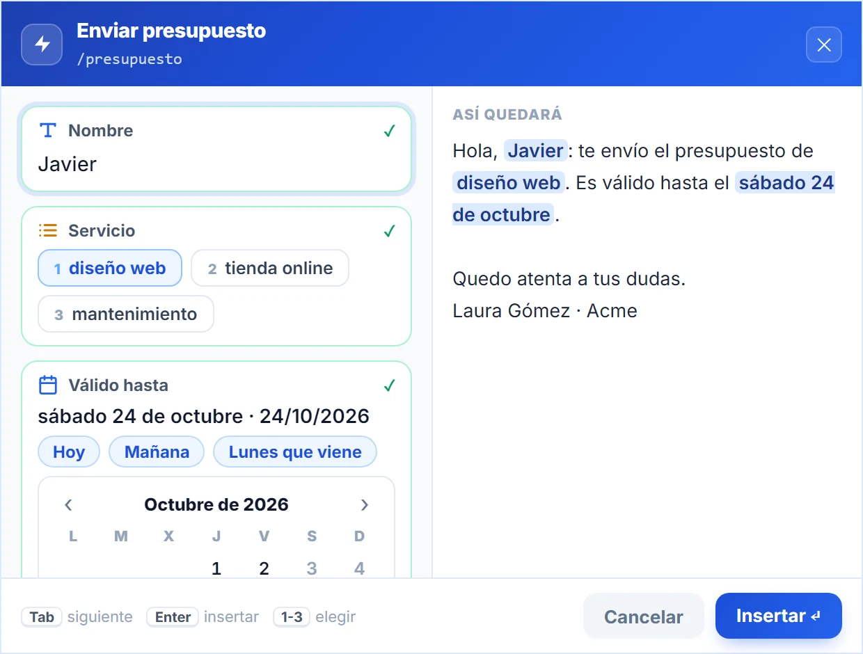 Ventanita de NexoPad para Windows con los campos Nombre, Servicio y Válido hasta, y la vista previa «Así quedará»