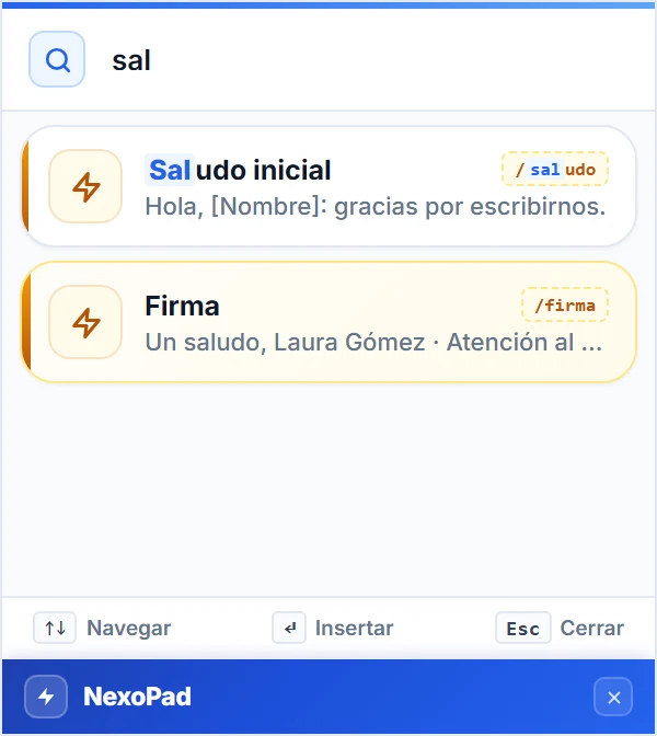 Buscador // de NexoPad para Windows con «sal» escrito y los resultados Saludo inicial y Firma