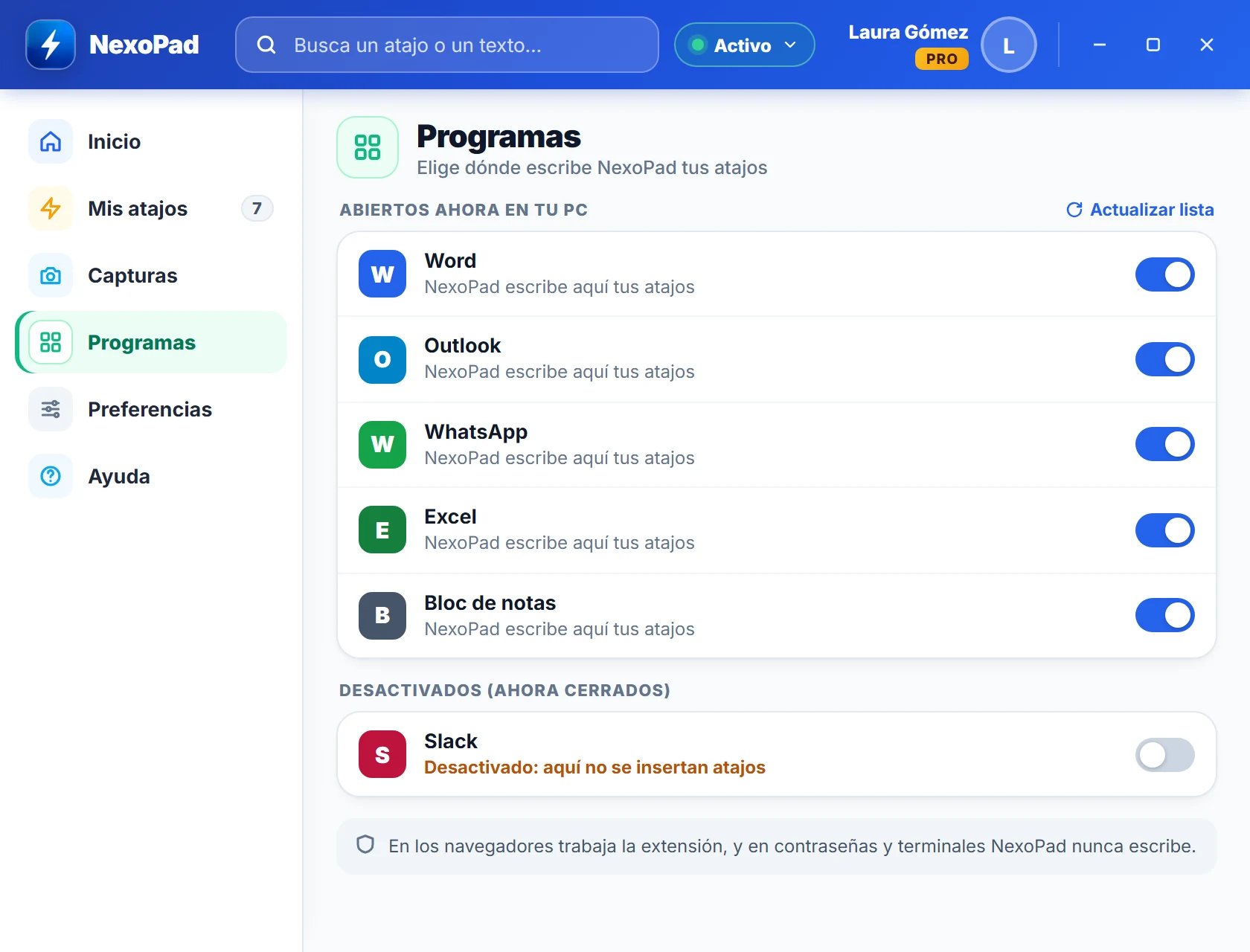 Página Programas de NexoPad para Windows con interruptores para Word, Outlook, WhatsApp, Excel y el Bloc de notas, y Slack desactivado