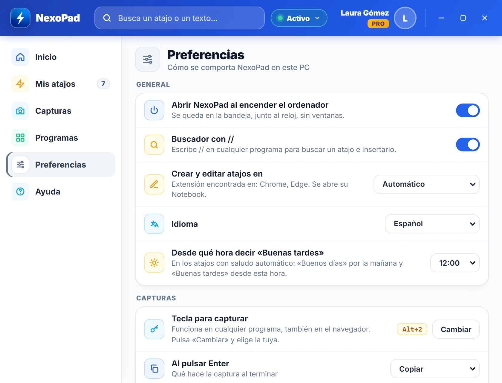 Preferencias de NexoPad para Windows: abrir al encender, buscador con //, crear y editar atajos, idioma y hora del saludo