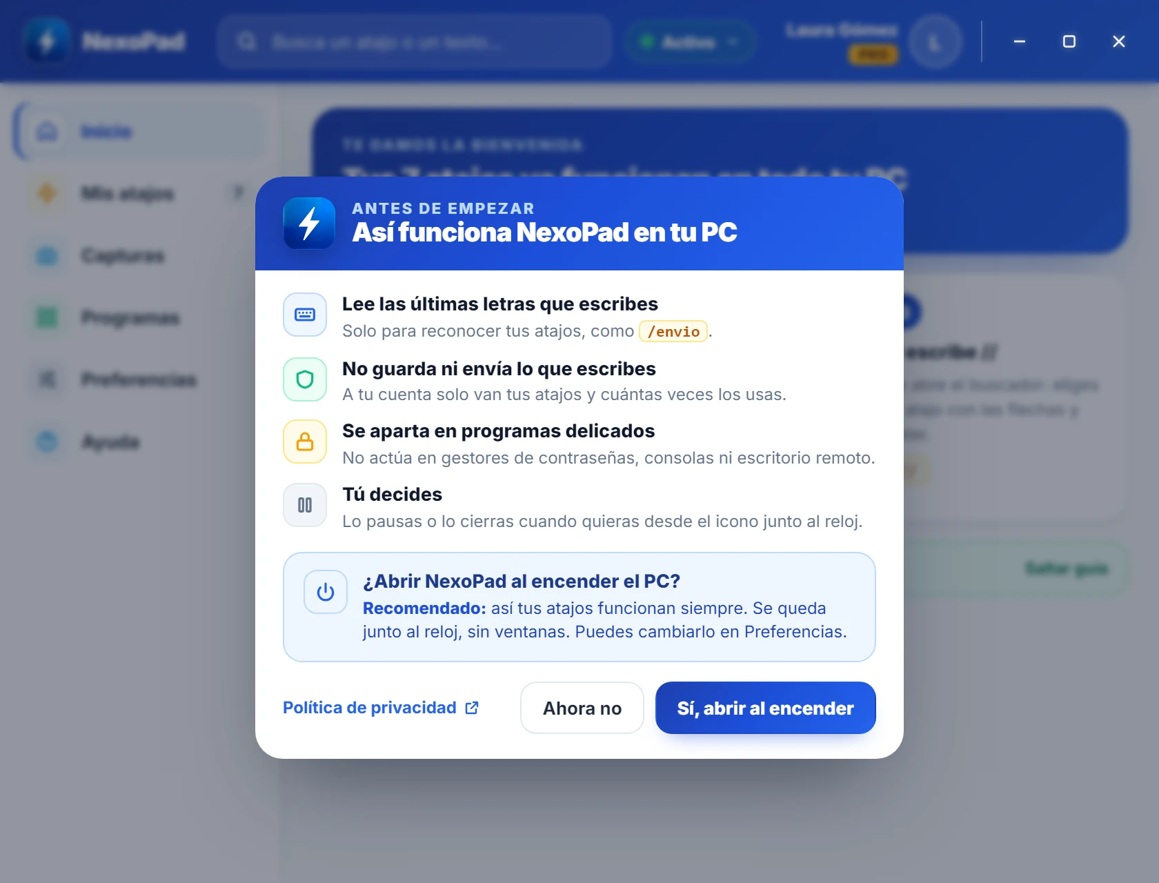 Ventana «Antes de empezar» de NexoPad para Windows con la pregunta de abrirlo al encender el PC